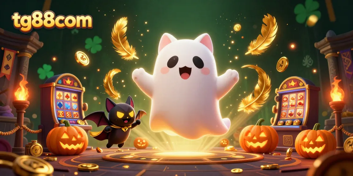 Engage with tg88com's dynamic casino experience featuring a ghost cat and bat among vibrant gaming elements.