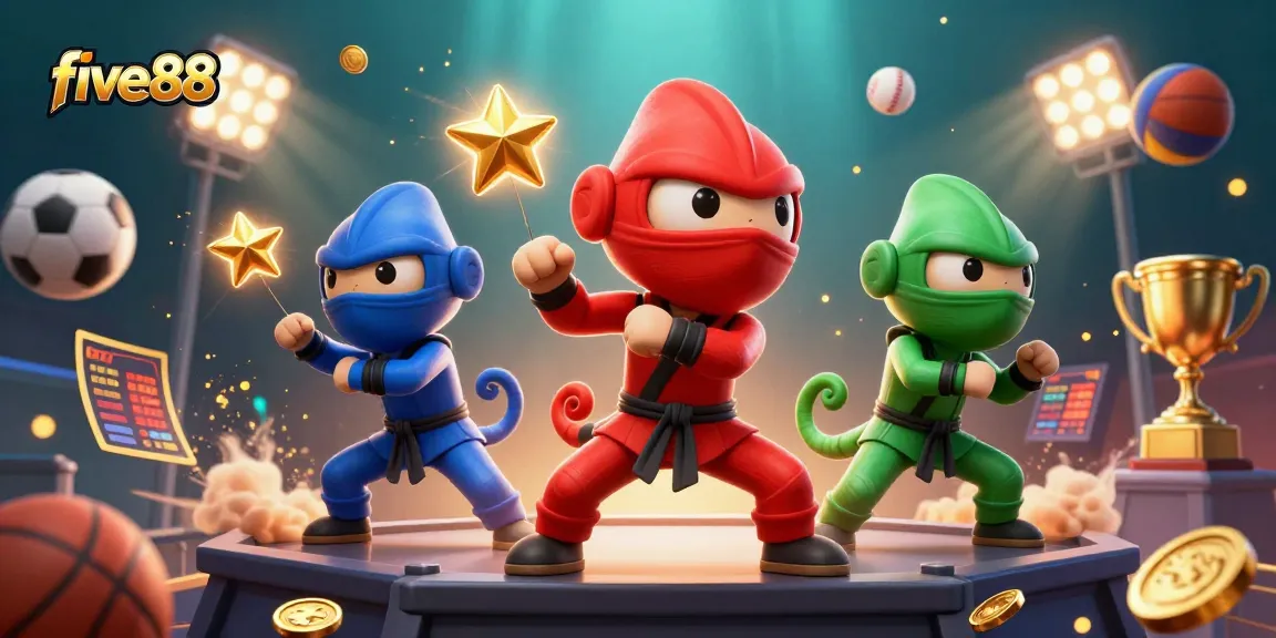 Experience thrilling action with five88's dynamic gaming scene featuring ninja chameleons and sports elements.