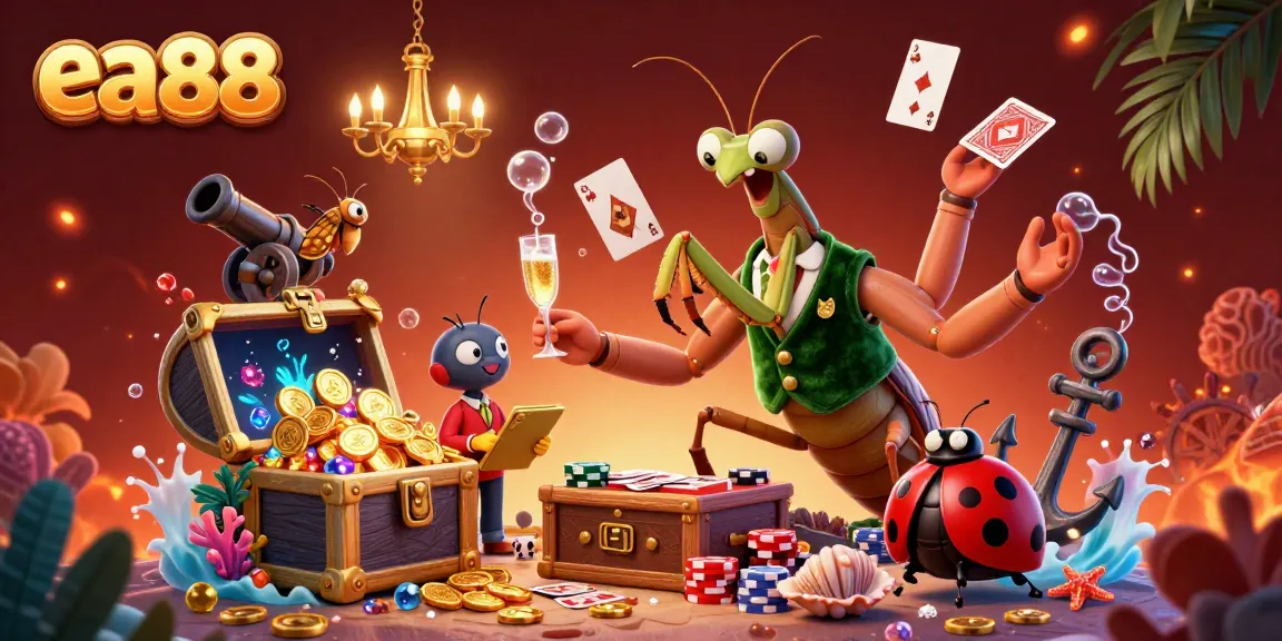 Experience thrilling moments at ea88 with the vibrant casino scene featuring card sharp mantis and ladybug pit boss.