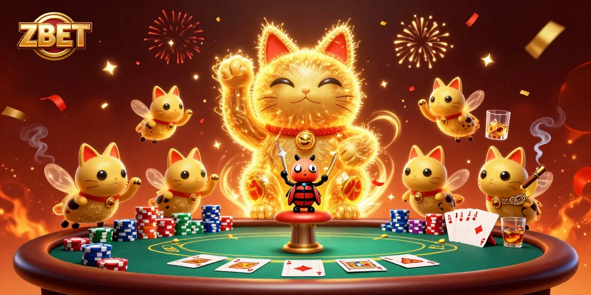 ZBET showcases golden fireflies as a lucky cat amidst vibrant casino symbols, engaging visitors