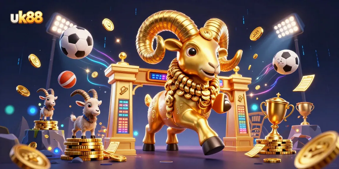 uk88 showcases a vibrant scene of a golden ram charging with dynamic sports elements, creating excitement.