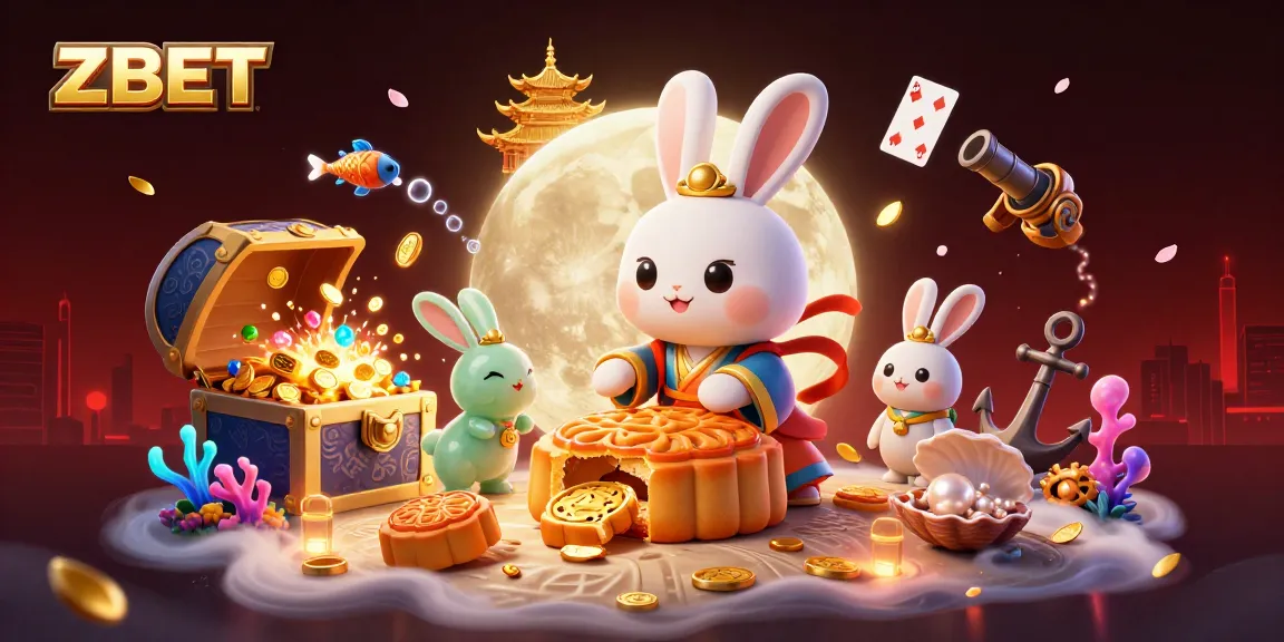 ZBET promotional illustration featuring a moon rabbit and jade companion in a vibrant casino scene with poker chips.