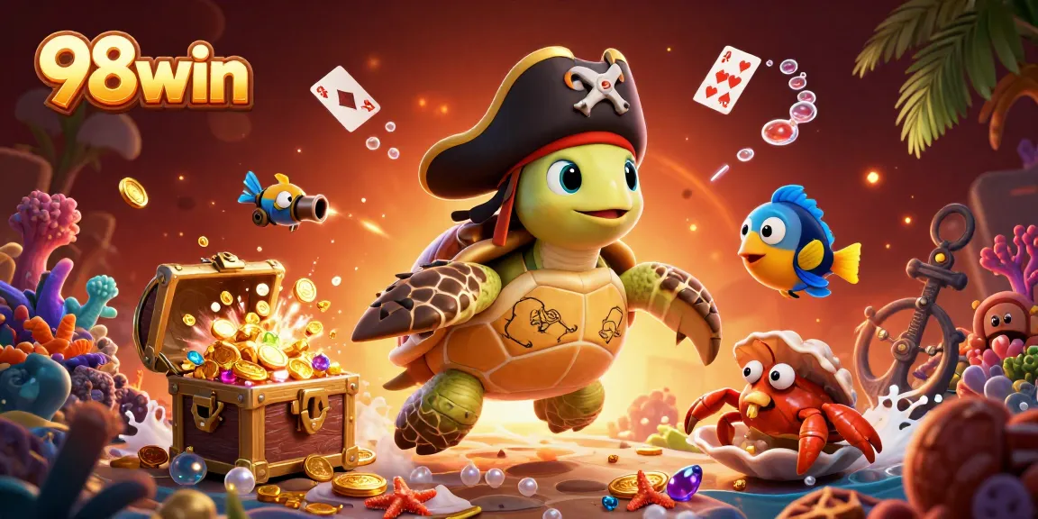 Engage with the exciting underwater treasure adventure at 98win, featuring vibrant characters and casino-themed elements.