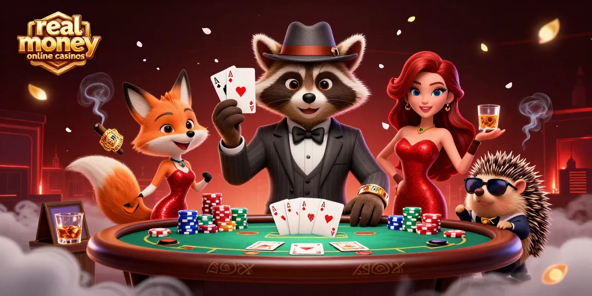 Enjoy thrilling gameplay at real money online casinos with raccoon and friends showcasing their poker prowess.