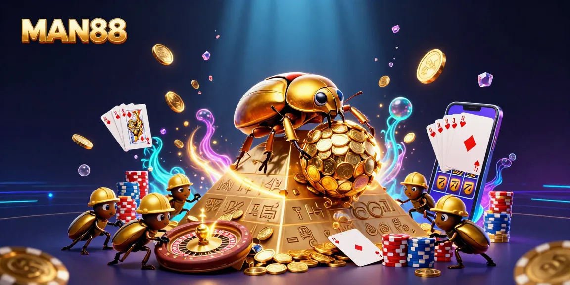 Spin the reels at MAN88's exclusive casino featuring golden coins and vibrant poker action!