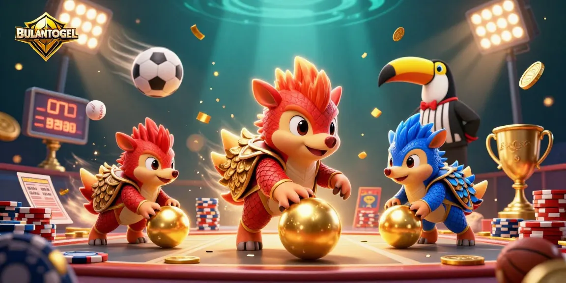 BULANTOGEL pangolins compete in a vibrant casino scene with sports elements and confetti.